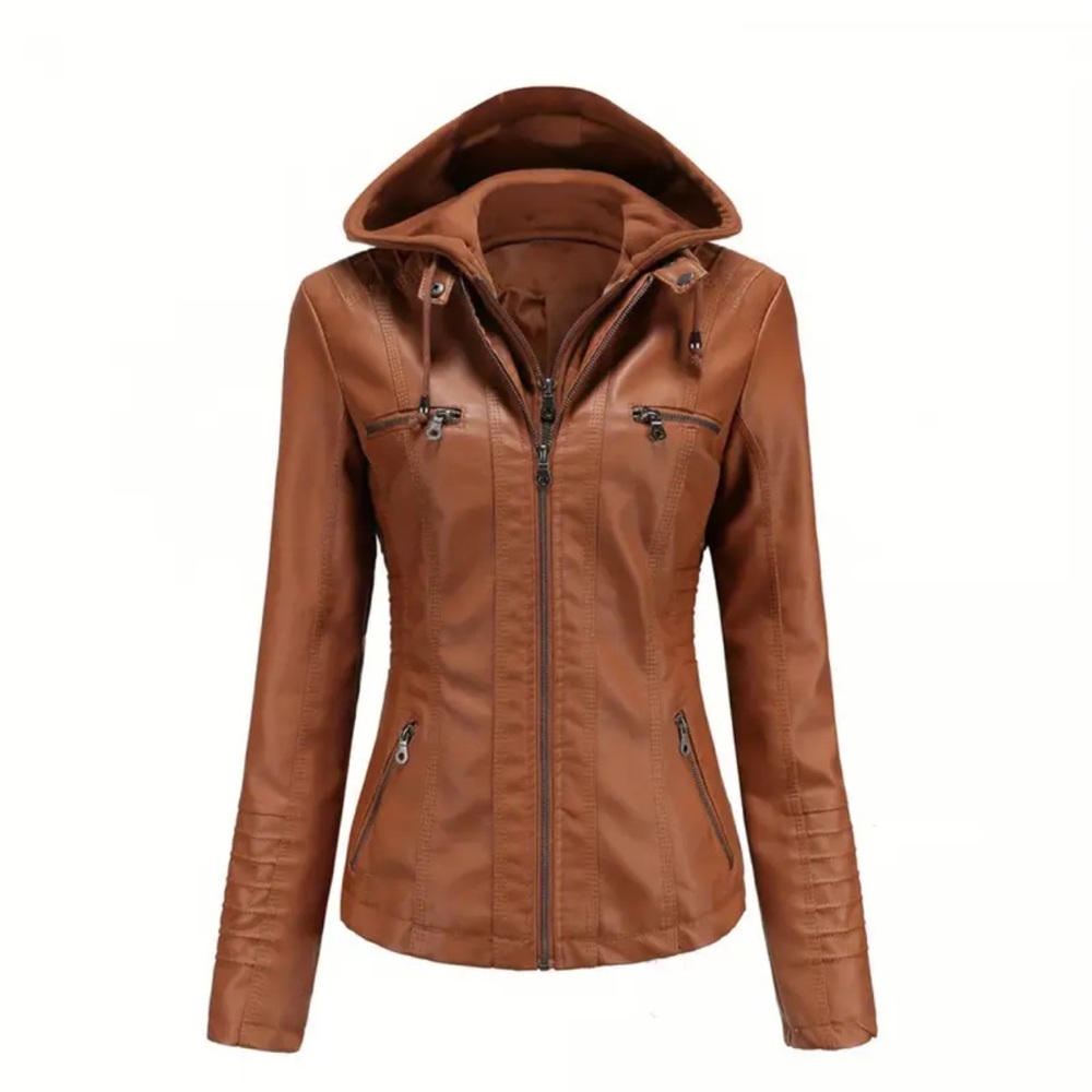 Private Label Cognac Faux Leather Jacket with Hood and Zipper - SZ M (6)